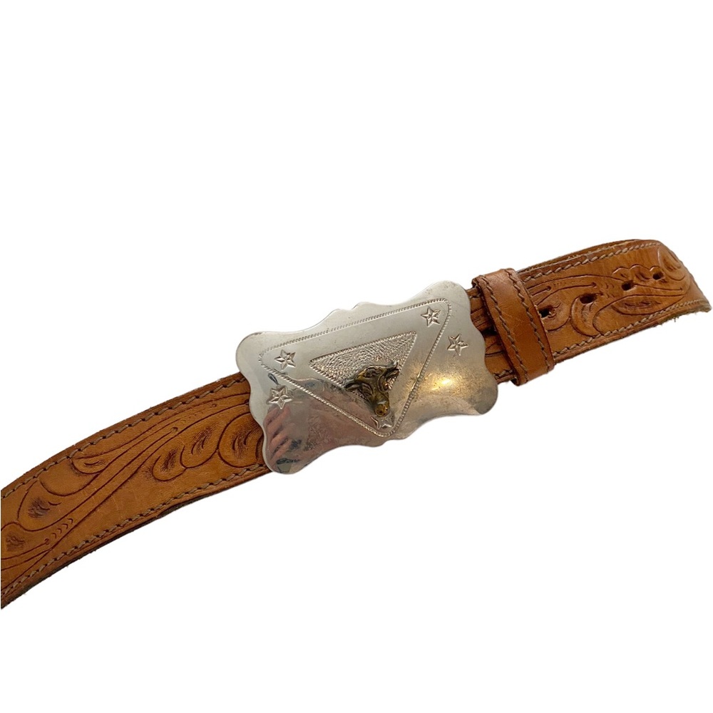 Chambers Belt Co Vintage Brown Leather Tooled Western Belt, Metal Bull Buckle